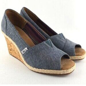 Toms Metallic Denim Cork Wedge Sandals 7.5